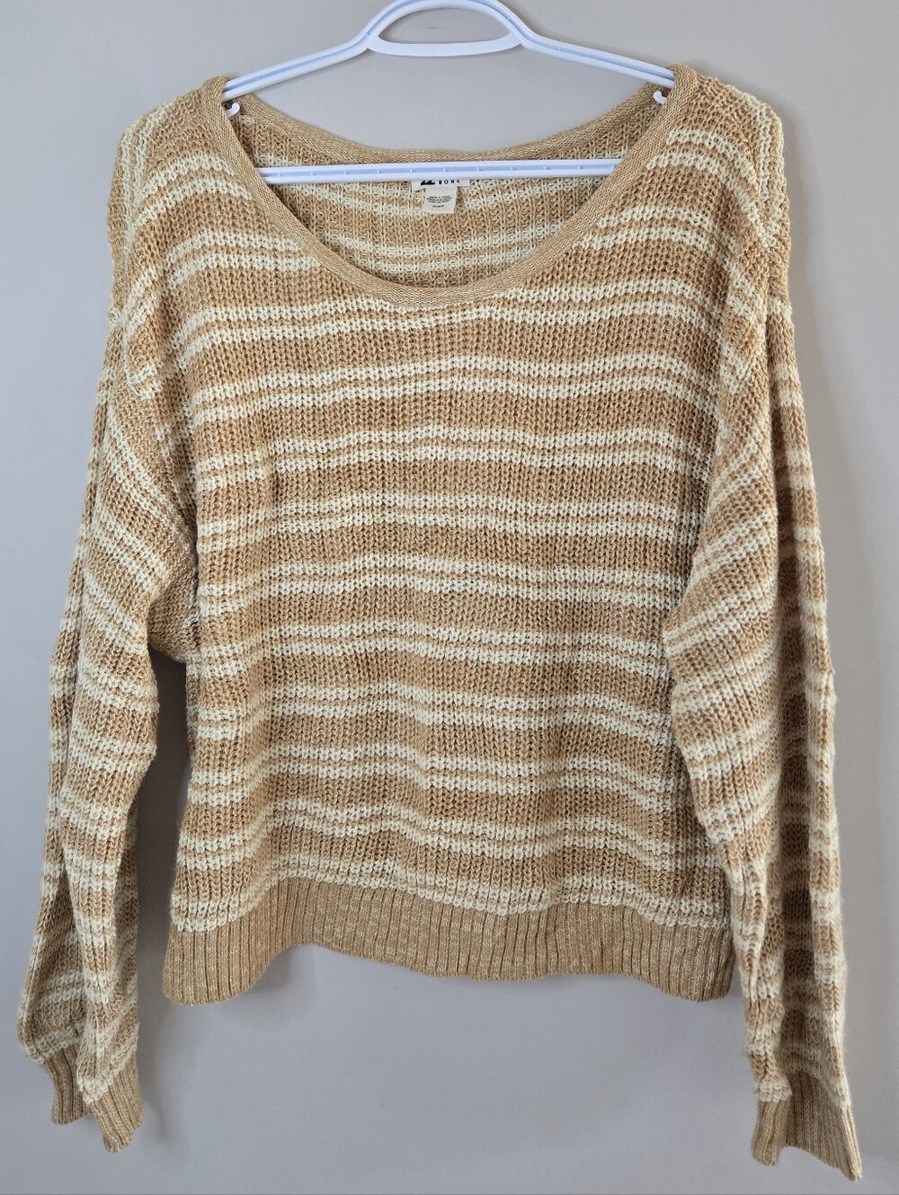 Billabong cream + tan striped scoop nack long sleeve knit sweater, neutrals, new